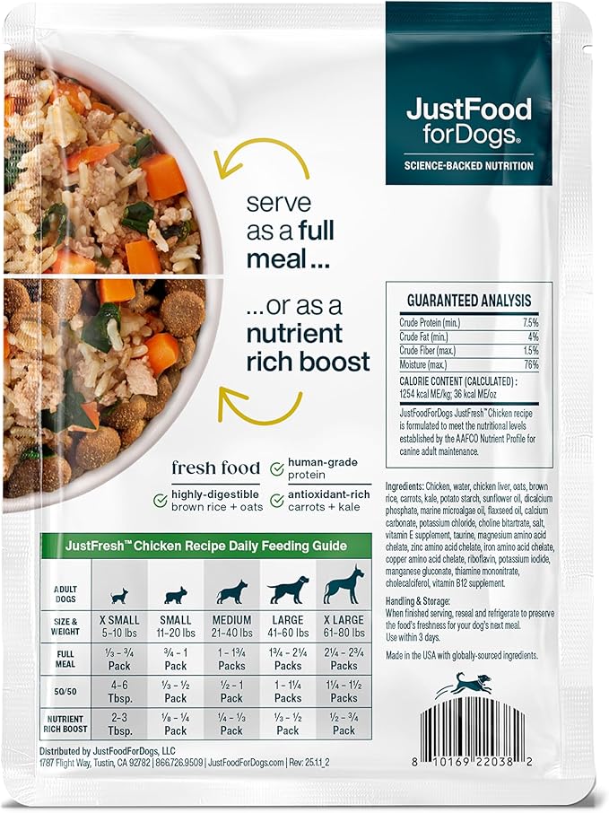 JustFoodForDogs JustFresh Wet Dog Food, Fresh Pet Meals and Toppers with No Preservatives, Resealable Package, Human Grade, Home-Cooked Chicken, 12 oz - 7 Pack