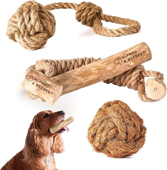 Alfred & Beebee Eco-Friendly Natural Coffee Wood Dog Chew Toy 4 Pack - for Regular Chewers - Dog Dental Chew - Small Medium - Coconut Ball, Rope Stick S - M