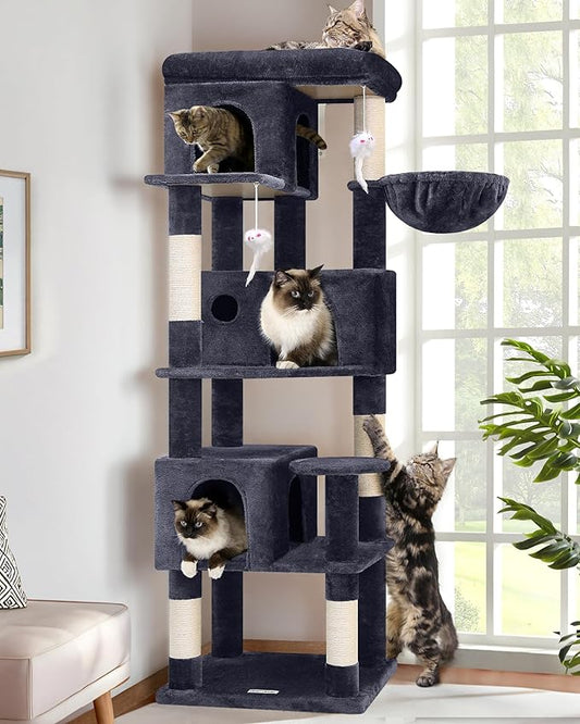 Globlazer Corner Cat Tree 66 inch Multi-Level Climbing Tower Kitty Condos Cat Scratching Tower for Indoor Multiple Cats with Large Platform, 3 Cat Caves, F66, Dark Grey