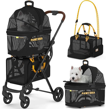 PAWZIDEA Double Pet Stroller with 2 Detachable Carriers, Portable Dog Crate for Car Travel & TSA-Approved Expandable Cat Carrier, Foldable Lightweight Jogger Stroller for 2–4 Cats or Small/Medium Dogs