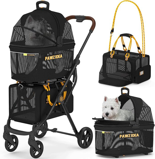 PAWZIDEA Double Pet Stroller with 2 Detachable Carriers, Portable Dog Crate for Car Travel & TSA-Approved Expandable Cat Carrier, Foldable Lightweight Jogger Stroller for 2–4 Cats or Small/Medium Dogs