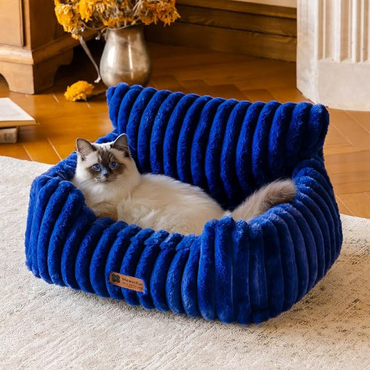 MEWOOFUN Cat Beds for Indoor Cats, Fluffy Cat Couch with Removable Washable Cover, Supportive Small Dog Beds for Puppy & Kitten up to 15 lbs (Navy Blue, 24x19x12)