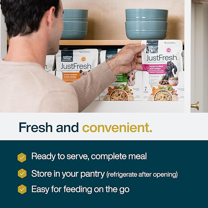 JustFoodForDogs JustFresh Wet Dog Food, Fresh Pet Meals and Toppers with No Preservatives, Resealable Package, Human Grade, Home-Cooked Pork, 12 oz - 7 Pack