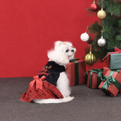 CuteBone Christmas Dog Dresses Velvet Holiday Small Dogs Clothes Onesie Pet Apparel Girl Puppy Skirt with Bow Hair Rope CVA59M-D