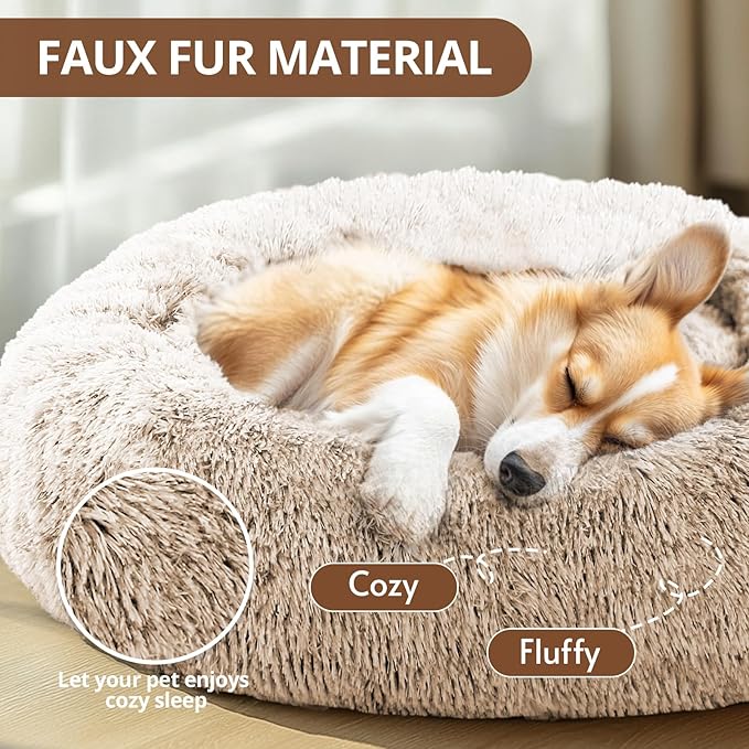 JOLLYVOGUE Calming Dog & Cat Bed for Large Dogs, Anti-Anxiety Donut Cuddler Cozy Soft Round Bed with Anti-Slip Bottom, Fluffy Faux Fur Plush Cushion Beds for Medium Dogs (36")