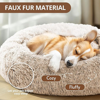 JOLLYVOGUE Calming Dog & Cat Bed for Large Dogs, Anti-Anxiety Donut Cuddler Cozy Soft Round Bed with Anti-Slip Bottom, Fluffy Faux Fur Plush Cushion Beds for Medium Dogs (36")