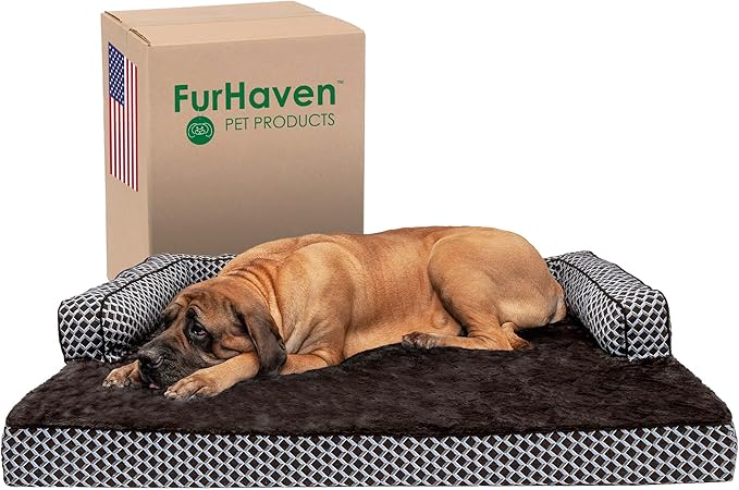 Furhaven Orthopedic Dog Bed for Large Dogs w/ Removable Bolsters & Washable Cover, For Dogs Up to 125 lbs - Plush & Woven Decor Comfy Couch Sofa - Diamond Brown, Jumbo Plus/XXL