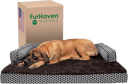 Furhaven Orthopedic Dog Bed for Large Dogs w/ Removable Bolsters & Washable Cover, For Dogs Up to 125 lbs - Plush & Woven Decor Comfy Couch Sofa - Diamond Brown, Jumbo Plus/XXL