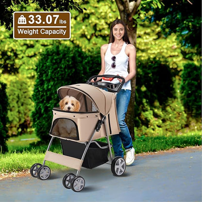Pet Stroller, 4 Wheels Pet Strolling Cart for Medium/Small Dogs and Cats, Foldable Cat Jogger/Dog Stroller with Cup Holder, Storage Basket, Breathable Mesh, All-Season Pet Carrier, Khaki