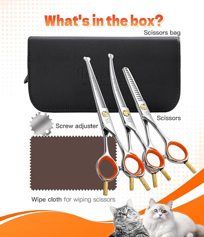 Fenice Peak 5" 3-in-1 Dog Grooming Scissors Set with Comb, Straight, Curved & Thinning Shears, Japanese 440C Stainless Steel Pet Grooming Kit for Dogs and Cats, Sharp Durable Blades