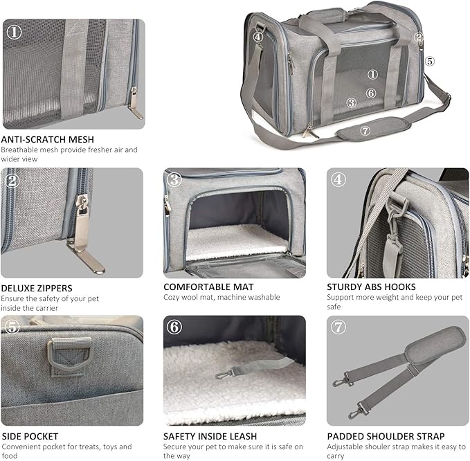 Large Cat Carriers Dog Carrier Pet Carrier for Cats Dogs Puppies up to 25Lbs, Big Dog Carrier Soft Sided, Travel Puppy Carrier - Large - Grey