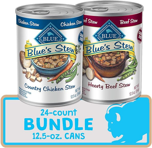 Blue Buffalo Blue's Stew Grain Free Natural Adult Wet Dog Food, Chicken Stew & Beef Stew 12.5-oz can (24 Count- 12 of Each Flavor)
