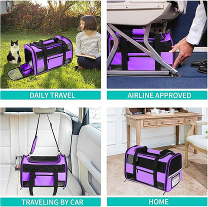 Large Airline Approved Cat Carrier Dog Carriers for Dogs Under 25 Lbs, Collapsible Soft Sided Travel Carriers for Puppy Kitten, Purple