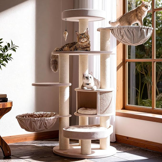 Extra Large Cat Tree for Maine Coon,65 Inches Tall Cat Tree Tower for Indoor Cats Large Adult 20 lbs,XXL Heavy Duty Luxury Sturdy Cat House with Big Hammock,Sisal Scratching Post,Condo