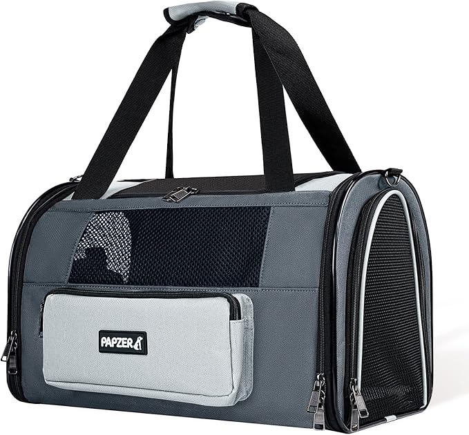Collapsible Small Pet Carrier for Cat 15 lbs with Fashion Pocket, Lightweight Sturdy Travel Carry Bag Little Puppy Dog, Breathable Stylish Kitten Soft Cage Kennel, 17.7x11.0x11.8 Inch Grey
