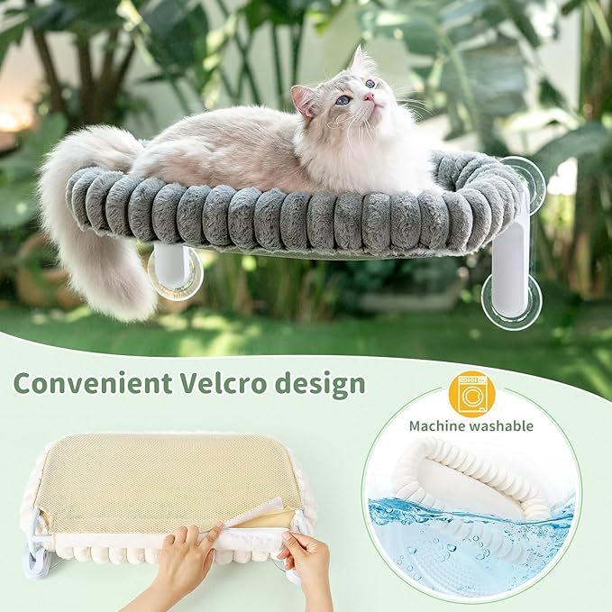 Sunhoo Cat Window Perch Bed Foldable Kitty Windowsill Hammock Shelf Seat Large Cats Suction Cup Indoor Kitten Window Sill Lounger with Soft Plush Cushion Machine Washable 21.26 * 11.8in (Grey，M)