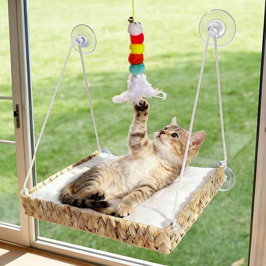 Cat Window Perch with 4 Strong Suction Cups and Ball Toy, Handwoven Straw Cat Window Hammock Sturdy Hanging Bed Seat Soft Cushion for Indoor Cats