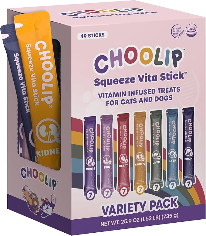 Choolip Squeeze Vita Stick Lickable Cat Treats & Dog Puree – 49-Count Variety Pack, Creamy Squeeze Tubes with Multivitamins, Grain-Free High-Protein Puree, Vet-Formulated Healthy Treats
