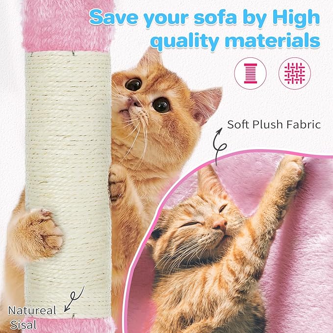 ABCPET Cat Tree Tower 63in Multi-Level Cat Tower for Indoor Cats with Sisal Scratching Posts, Condo, Hammock, Dangling Ball and Extended Platform for Cats to Play, Pink