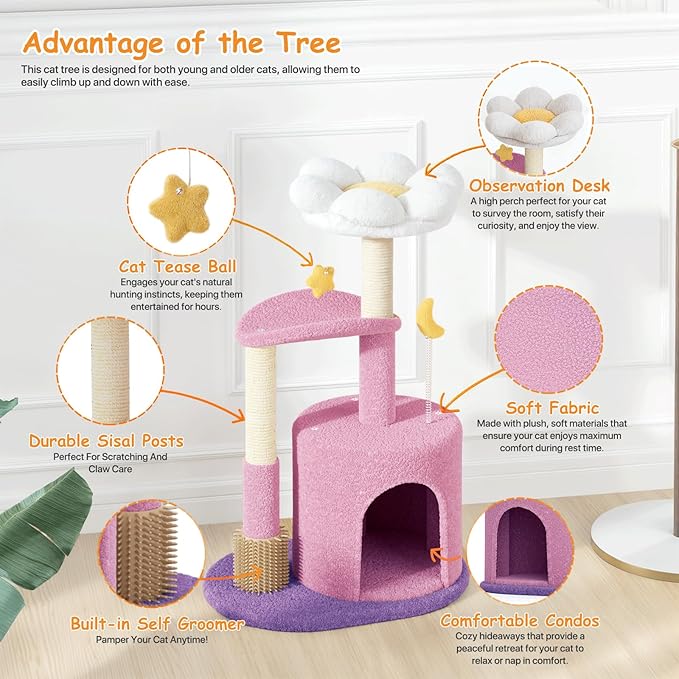 Athena Collection Small Cat Tree Condo with Sisal Scratching Post, 33 Inch Modern Cute Flower Cat Tree Tower with Cozy Perch Toy Ball for Indoor, Kittens, Purple