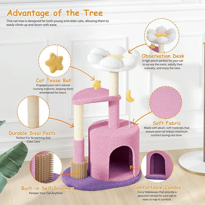 Athena Collection Small Cat Tree Condo with Sisal Scratching Post, 33 Inch Modern Cute Flower Cat Tree Tower with Cozy Perch Toy Ball for Indoor, Kittens, Purple