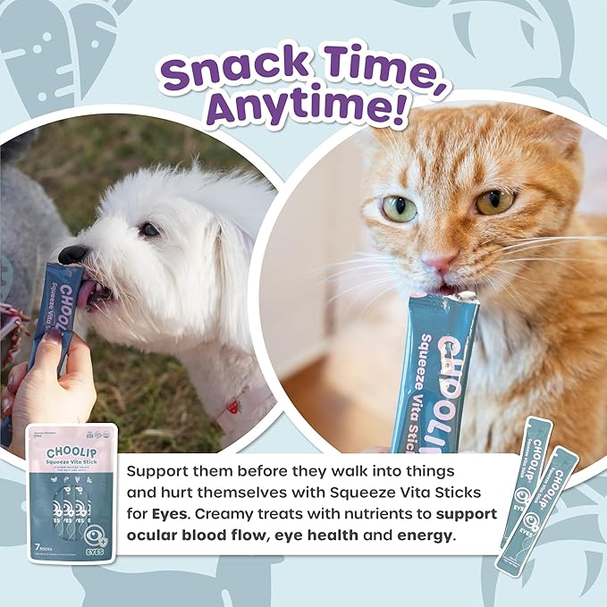 Choolip Squeeze Vita Stick Lickable Cat Treats & Dog Puree – 7-Count Eye Support Tubes, Creamy Grain-Free High-Protein Puree with Lutein, Astaxanthin & Omega 3 for Healthy Vision & Eye Care