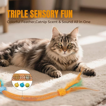 Catnip Toys for Cats – 6-Pack Feather Mesh Tubes with Bells, Interactive Chew Set for Indoor Cats & Kittens