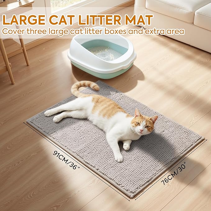 Pieviev Chenille Cat Litter Mat for Litter Box, 36"x30" Soft Ultra Absorbent Mat, Waterproof & Non-Slip, Easy to Clean Litter Trapping Mat for Indoor Cats, Grey