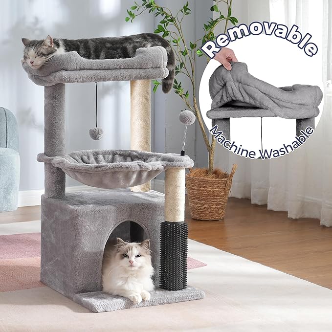 Cat Tree 32 Inches Small Cat Tower with Large Hammock Dia 15.7”,Self Groomer, Fully Scratching Post, Removable Top Bed and Wide Hideway Condo for Indoor Cats-Gray