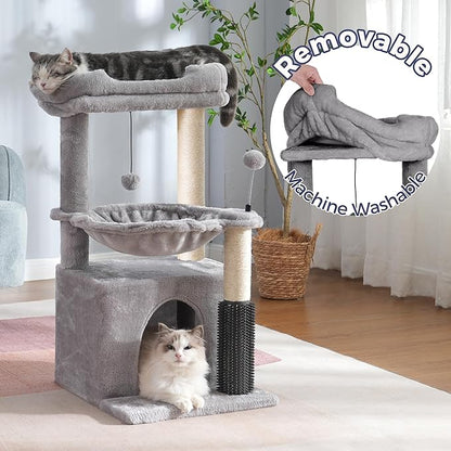 Cat Tree 32 Inches Small Cat Tower with Large Hammock Dia 15.7”,Self Groomer, Fully Scratching Post, Removable Top Bed and Wide Hideway Condo for Indoor Cats-Gray