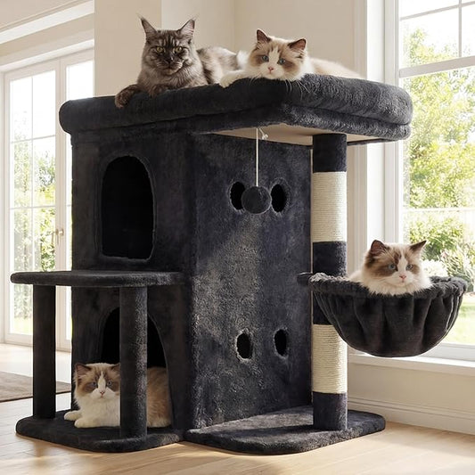 Heybly Cat Tree, 25.6-inch Cat Tower with Spacious Top Perch for Large Cats, Stair-Style Cat House Furniture with Dual-Layer Condos, Sisal Scratching Posts, Cozy Basket & Pompom, Smoky Gray HCT204SG