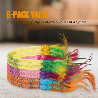 Catnip Toys for Cats – 6-Pack Feather Mesh Tubes with Bells, Interactive Chew Set for Indoor Cats & Kittens