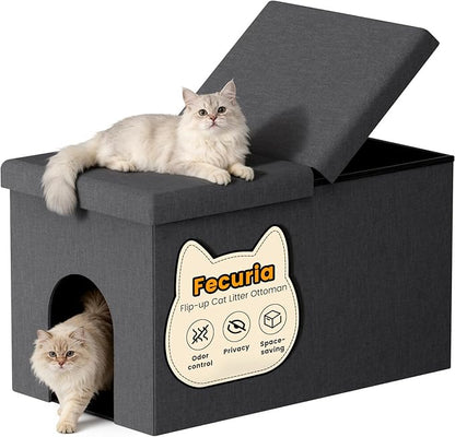 3-in-1 Cat Litter Box Enclosure with Odor Control, Multi-Functional Hidden Litter Box Furniture Bench, Dog Proof, Space-Saving Ottoman Cabinet with Flip-Up Lid, Storage Footrest, Dark Grey