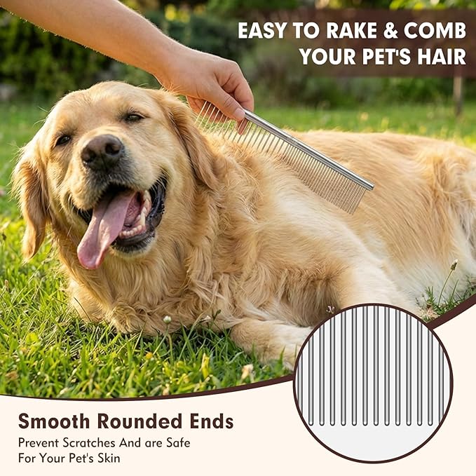 WRW Stainless Steel Dog Combs [4 Pcs], Groom Like a Professional, Coarse Pet Butter Comb for Dog ＆ Cat, Rounded Corners Prevent Friction and Breakage, 4 Sizes of Steel Teeth Fit Most Pet Fur