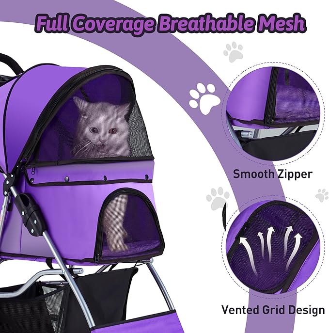 Azaeahom Pet Stroller, 4 Wheels Pet Strolling Cart for Medium/Small Dogs and Cats, Foldable Cat Jogger/Dog Stroller with Cup Holder, Storage Basket, Breathable Mesh, All-Season Pet Carrier, Purple