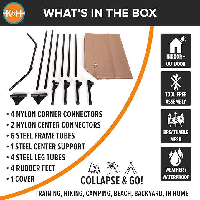 K&H Pet Products Outdoor Elevated Dog Cot, Cooling Raised Bed with Waterproof Breathable Mesh for Large Dogs, Portable Place Bed with Heavy-Duty Metal Frame, Oversized Hammock Style - Jumbo Tan