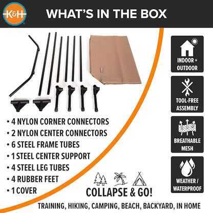 K&H Pet Products Outdoor Elevated Dog Cot, Cooling Raised Bed with Waterproof Breathable Mesh for Large Dogs, Portable Place Bed with Heavy-Duty Metal Frame, Oversized Hammock Style - Jumbo Tan