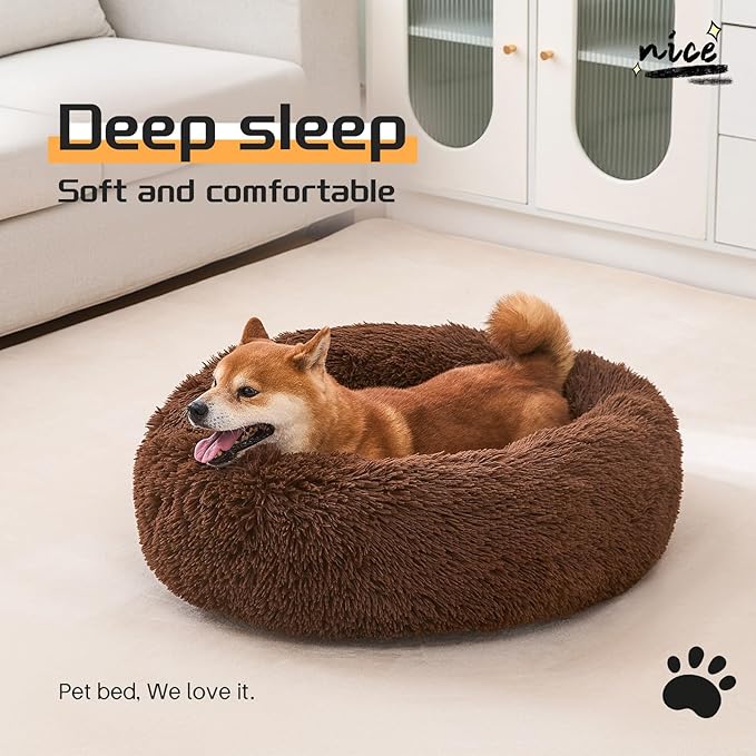 Comfort Donut Dog Bed for Small Dogs, Cat Bed & Pet Bed for Indoor Use, Medium Size with Soft Plush, Round Dog Beds for Large Dogs and Cats(Coffee, 24''Lx24''Wx8''Th)