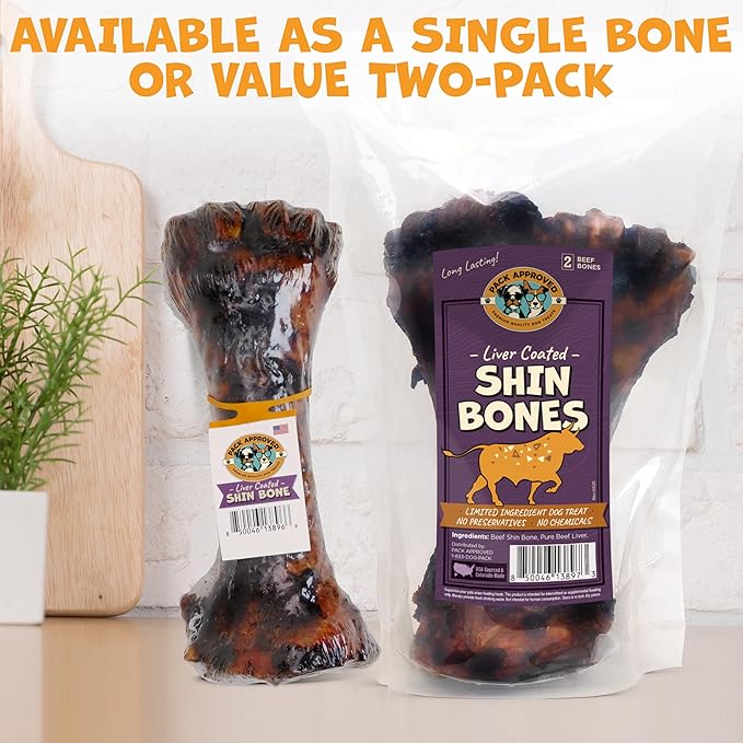 Beef Shin Bones for Dogs - Liver Coated Long Lasting Dog Chews for Aggressive Chewers - Rawhide-Free Big Bones for Large Dogs - Healthy Large Dog Bone (2 Pack)