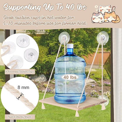 MCEAST Cat Window Perch with Cushion Bed Fluffy Blanket 4 Strong Suction Cups Hanging Window Shelf Easy to Install Solid Window Hammock for Small Medium Indoor Cats, Natural Wood Color