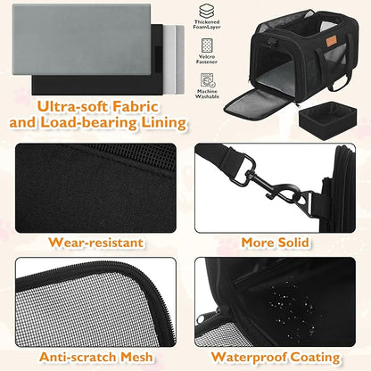 PETUX Airline Approved Cat Carrier or Small Cat up to 12 lb - 17x11x9.5 in Underseat, Top & Side Entry Pet Carrier with Breathable Anti-Scratch Mesh & Litter Box for Travel and Vet Visit - Black