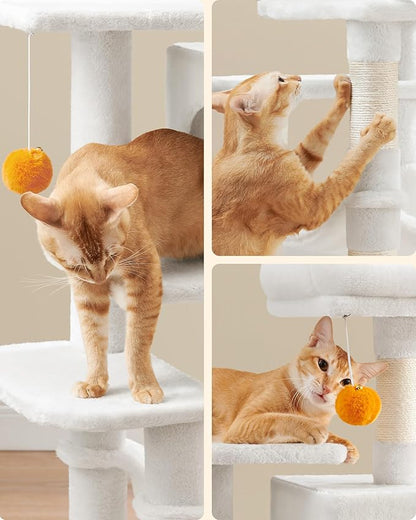 Feandrea Cat Tree, 44.1-Inch Cat Tower for Indoor Cats, Multi-Level Cat Condo with 4 Scratching Posts, 2 Perches, Hammock, Cave, Cream White UPCT261T01