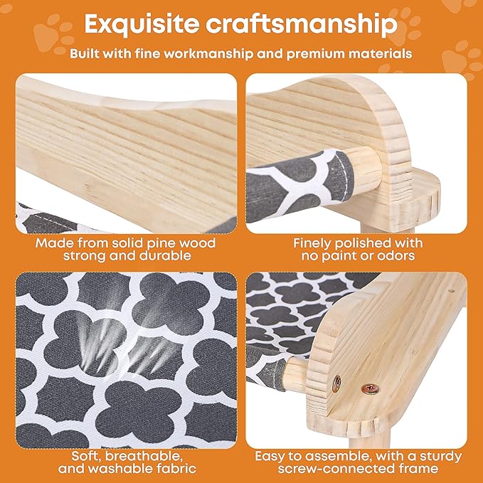 Elevated Wooden Cat Bed – 24"x15.7"x5.9" Breathable Hammock Pet Bed for Indoor/Outdoor Use, Raised Dog Lounger for Small Pets Like Kittens, Puppies, Rabbits, and Bunnies (Grey-1)