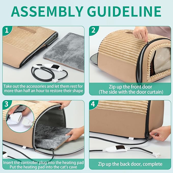 Smart Heated Cat Bed Cave Pet House for Indoor Cats & Small Dogs, Washable & Foldable with Removable Cushion, 17.72x14.96x12.6 inches, Brown