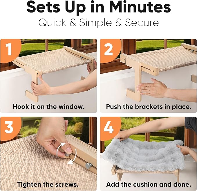 FUKUMARU Cat Window Perch, Transformable Cat Hammock with Fluffy Cushion for Windowsill and Floor, Cats Window Bed for Large Cats and Kittens, Reinforced Wood and Metal Frame, Easy to Adjust Pet Pech