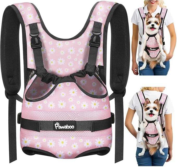 Pawaboo Pet Dog Front Carrier Backpacks, Legs Out Pet Carrier Backpack, Adjustable Easy-fit Dog Chest Carriers for Small Medium Dogs Hands Free for Travel Hiking Cycling Camping, M, Pink Daisy