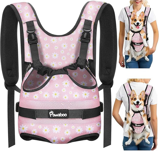 Pawaboo Pet Dog Front Carrier Backpacks, Legs Out Pet Carrier Backpack, Adjustable Easy-fit Dog Chest Carriers for Small Medium Dogs Hands Free for Travel Hiking Cycling Camping, XL, Pink Daisy