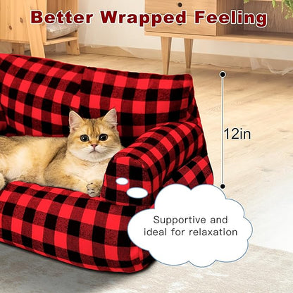 Cat Couch Bed - Cat Bed for Indoor Cats, Calming Pet Sofa Puppy Sleeping Bed with Removable Washable Cover, Cute Dog Couch and Kitty Lounge Chair for 18lbs Cats & Small Dogs(Red & Black)