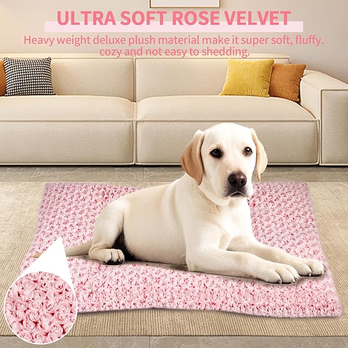 Washable Dog Bed Mat Deluxe Plush Reversible Pet Crate Pad Comfy Pet Kennel Beds Dog Sleeping Mat for Large Jumbo Medium Small Dogs, 35'' x 22'', Pink