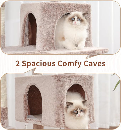 Cat Tree for Indoor Cats, 71'' (180cm) Multi-Level Cat Tower for Large Adult, Sturdy Cat Tree House with 2 Scratching Boards 7 Posts, 2 Plush Perches/Condos, Hammock, Muchroom GCT032MU